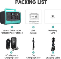 maxoak bluetti EB70 power station packing list